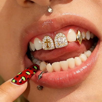 Grillz de cruz de oro unisex de hip-hop hechos de cobre con incrustaciones de circonita, con un diseño elegante
